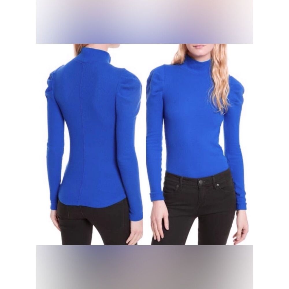Free People Tattooed Heart Puff Sleeve Mock Turtleneck Top Blue L